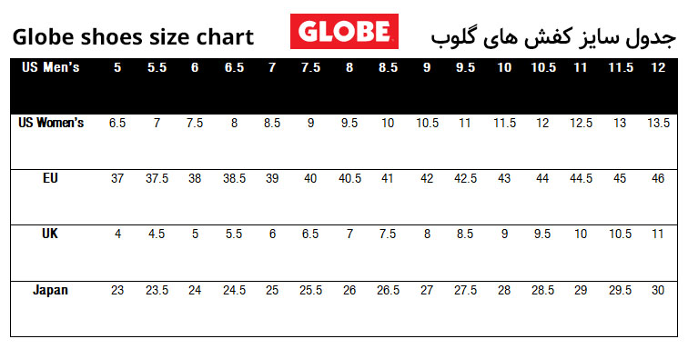 جدول سایز کفش های اسکیت اورجینال گلوب | Globe Shoes Size Chart